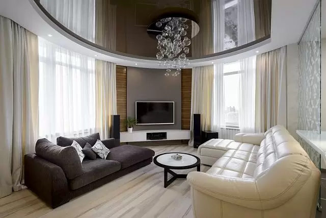 двухуровневый натяжной потолок в гостиной