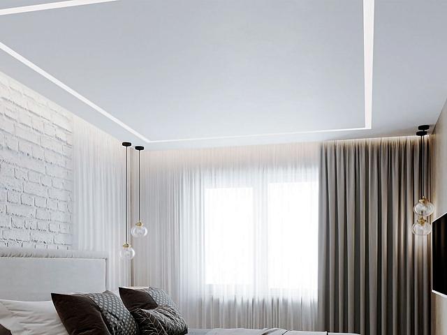 спальня с дизайнерским натяжным потолком