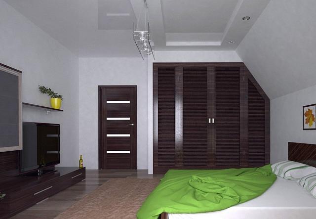 спальня мансарда с натяжным потолком